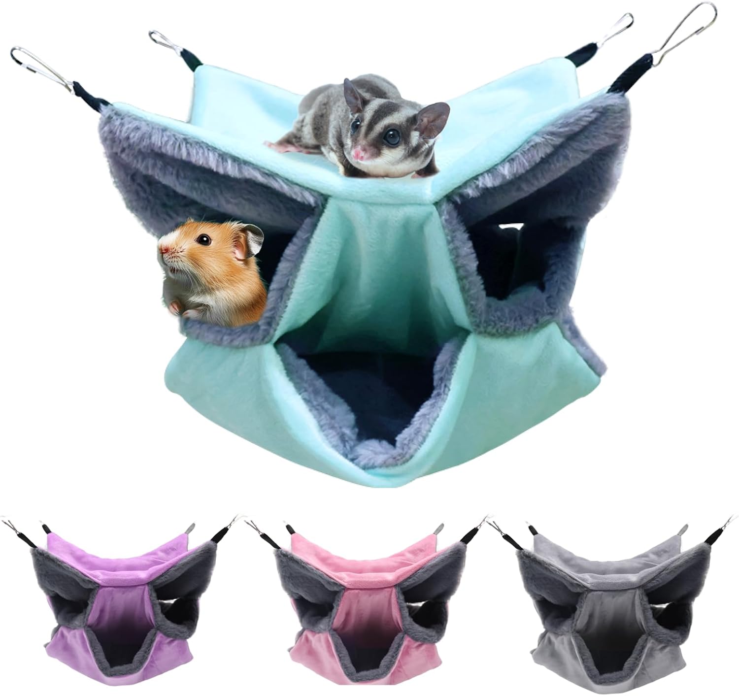 LYART sugar glider pouch hammock front view hanging inside a small pet cage