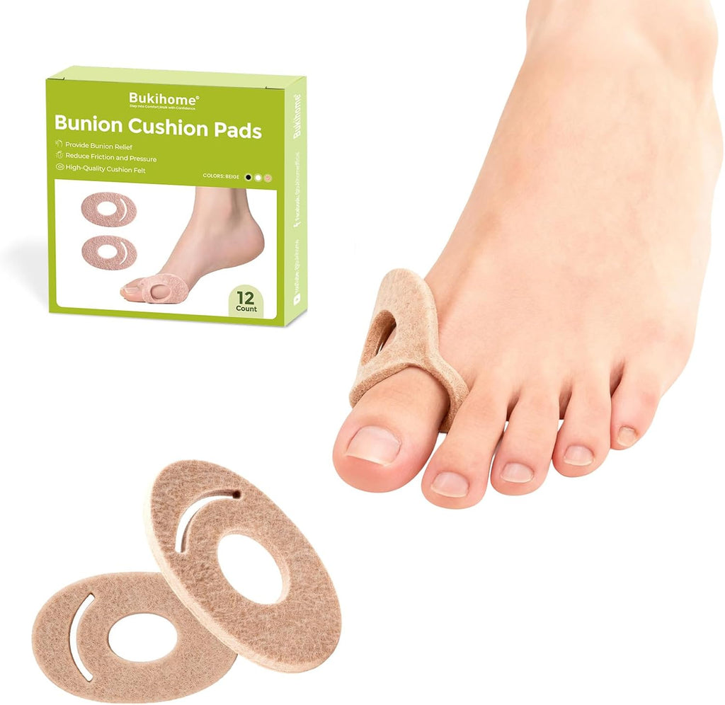 Bukihome Felt Bunion Pads pack of 12 for foot pain relief.