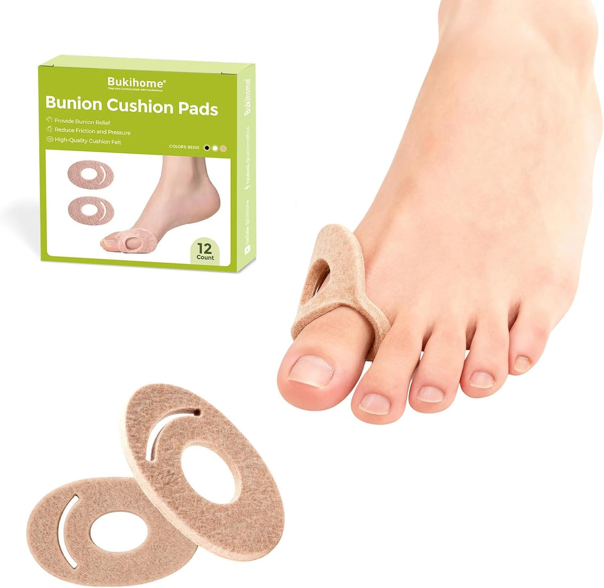 Bukihome Felt Bunion Pads pack of 12 for foot pain relief.