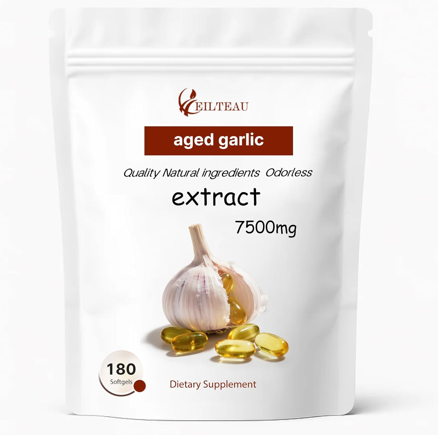 Eilteau Aged Garlic Extract 7500mg front view packaging for immune support.