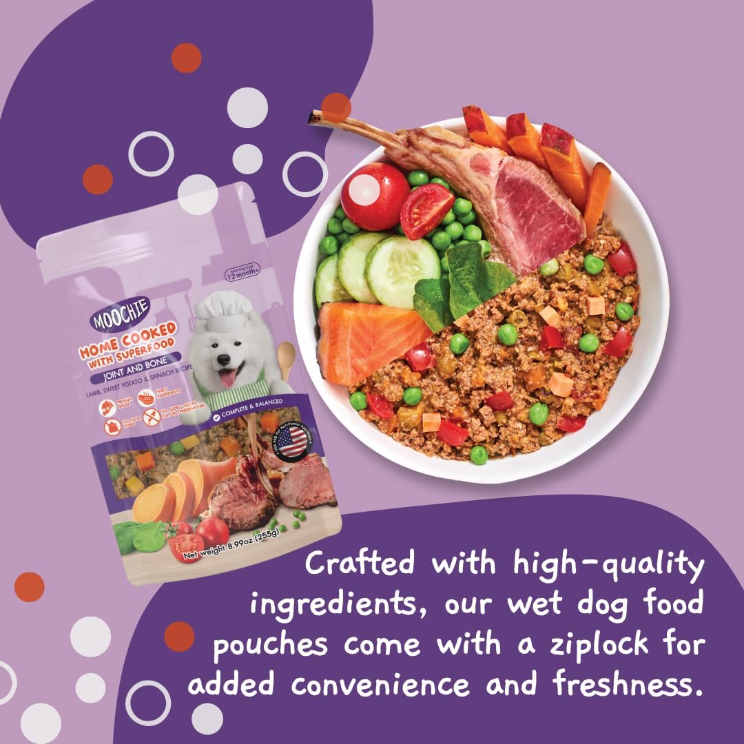 Moochie wet dog food packaging showing grain-free seal
