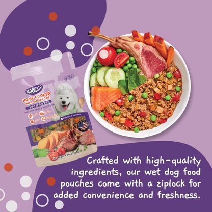 Moochie wet dog food packaging showing grain-free seal