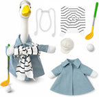 DISGIVO porch goose outfit front view displaying the complete blue golf costume set on a garden lawn statue.