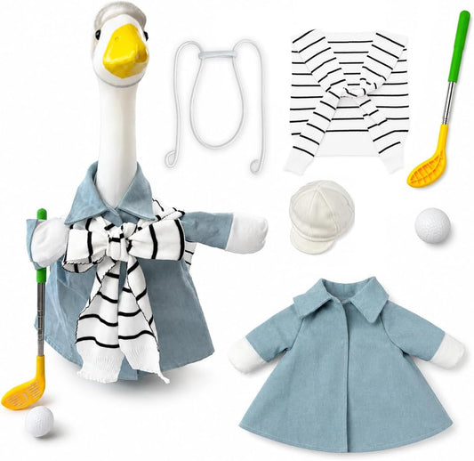 DISGIVO porch goose outfit front view displaying the complete blue golf costume set on a garden lawn statue.
