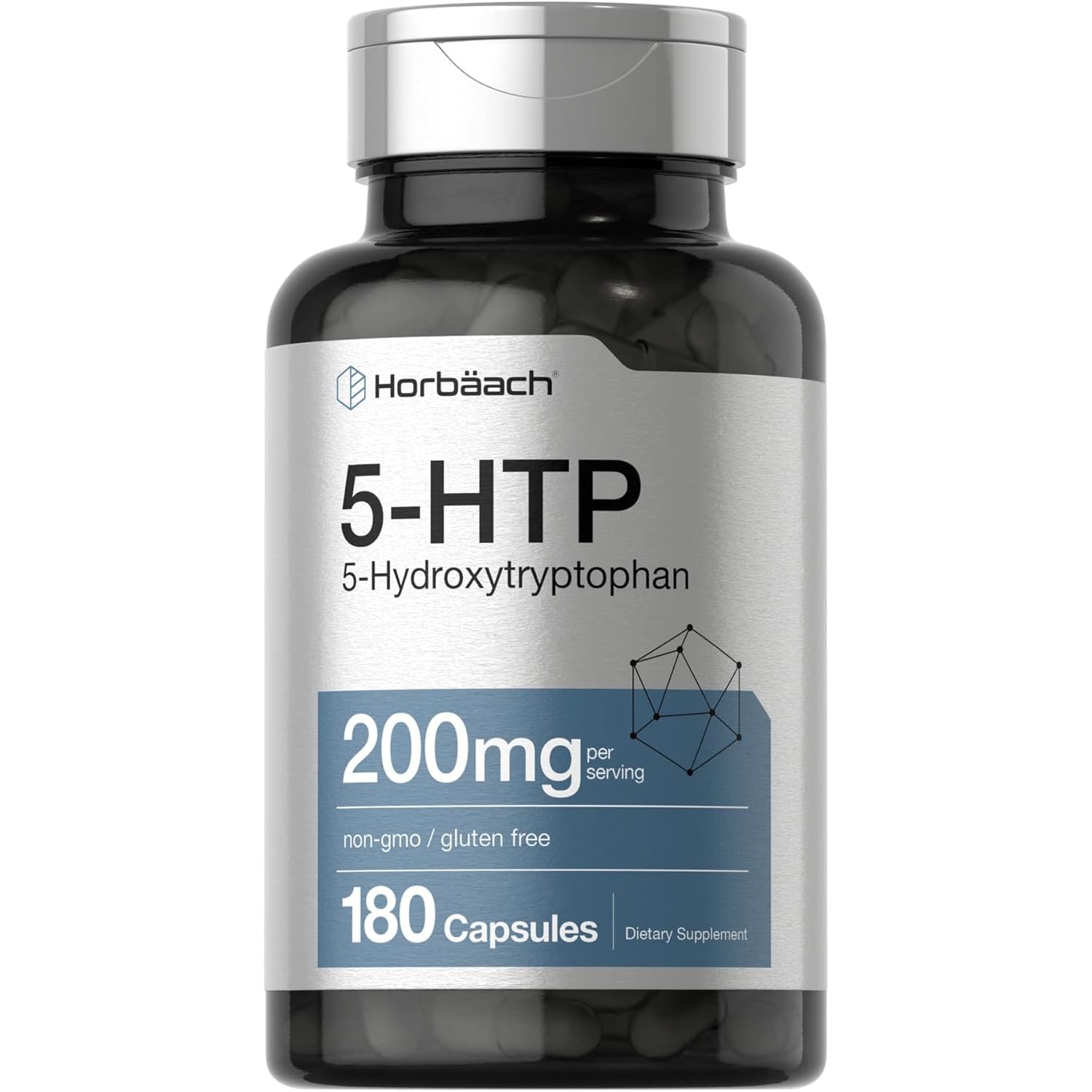 Horbäach 5-HTP 200mg 180 capsules front view bottle for mood support
