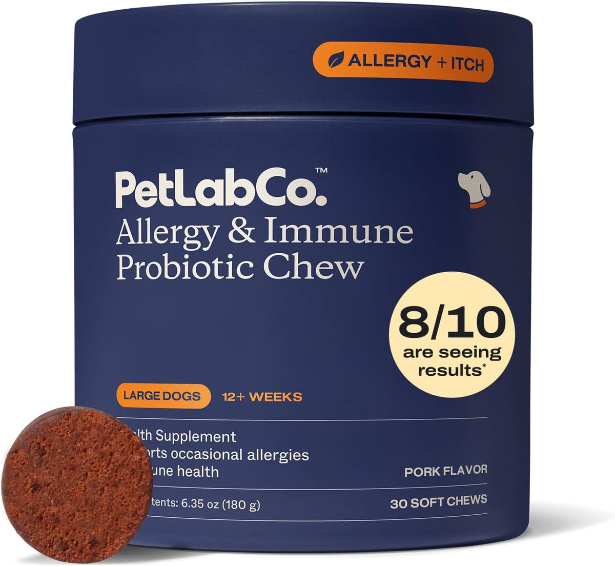 PetLab Co. dog probiotics container lid and soft chew size comparison