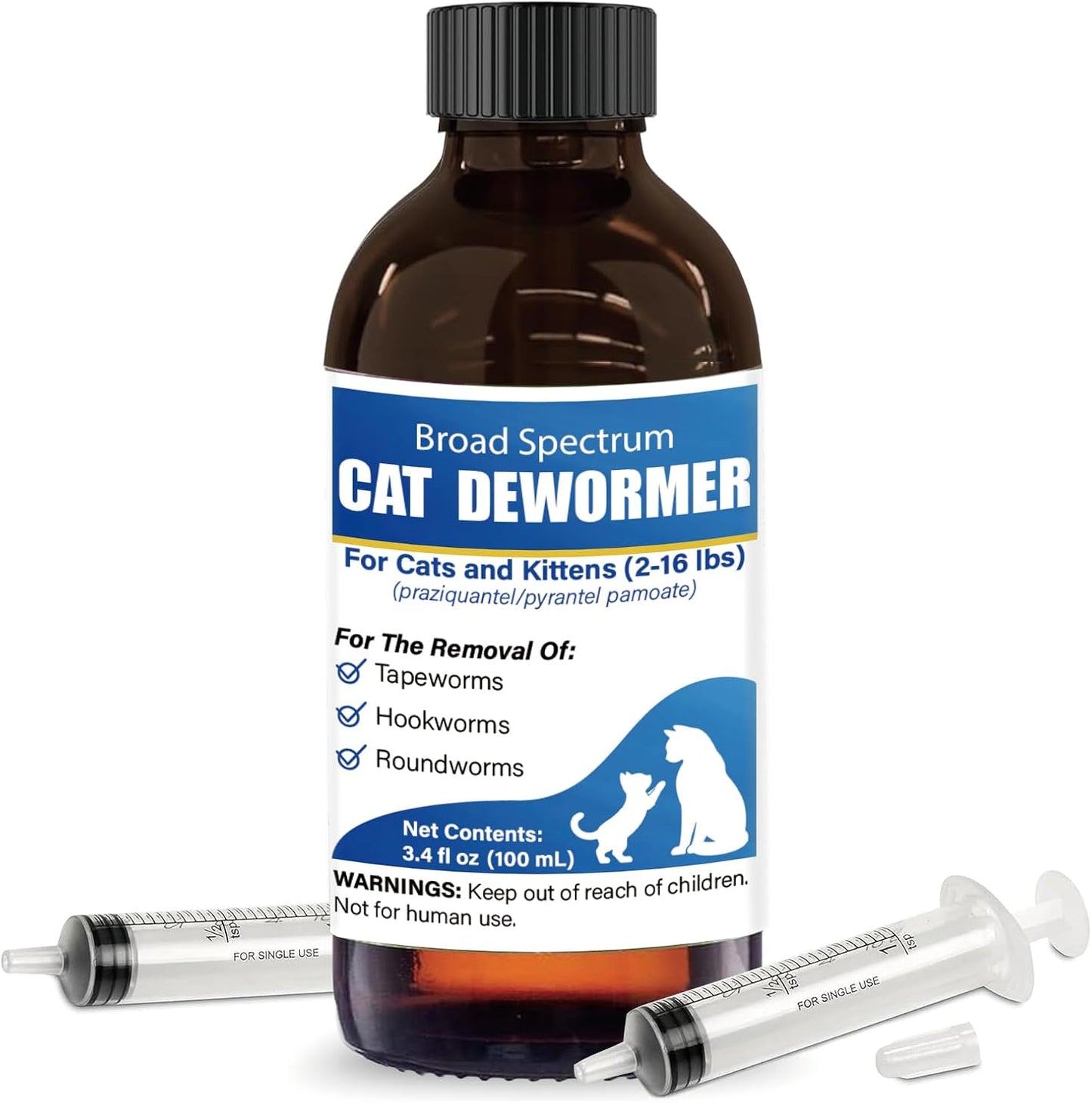 VetaCare Broad Spectrum Cat Dewormer Liquid front view bottle with oral syringe