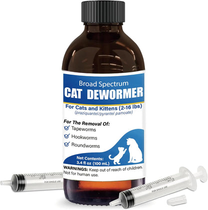 VetaCare Broad Spectrum Cat Dewormer Liquid front view bottle with oral syringe