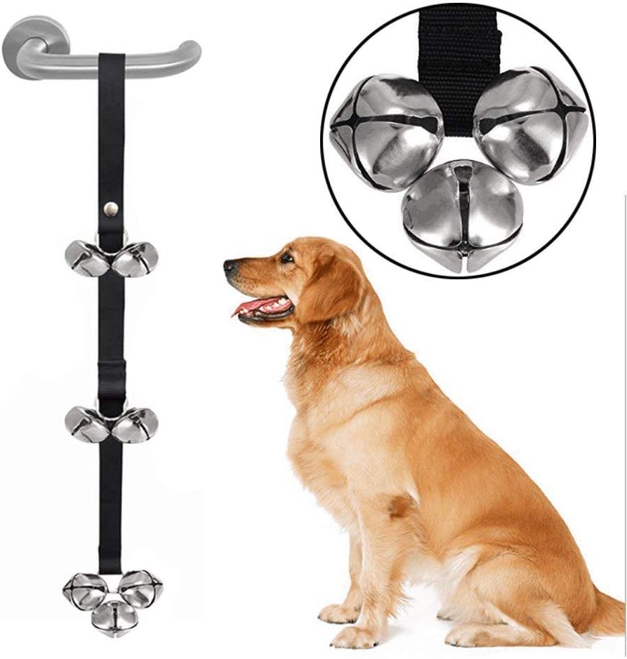 Cature Care by Nature dog doorbell with 7 loud bells hanging on a door handle.