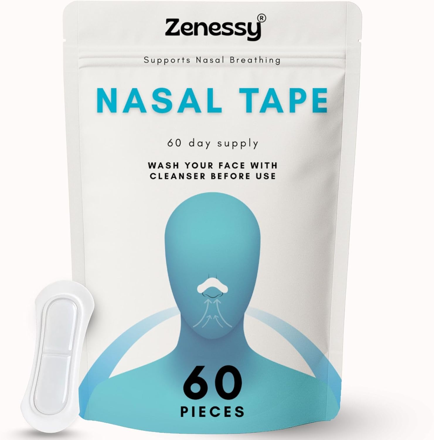 Zenessy Transparent Nasal Strips 60 Pack front view showing packaging for snoring reduction.