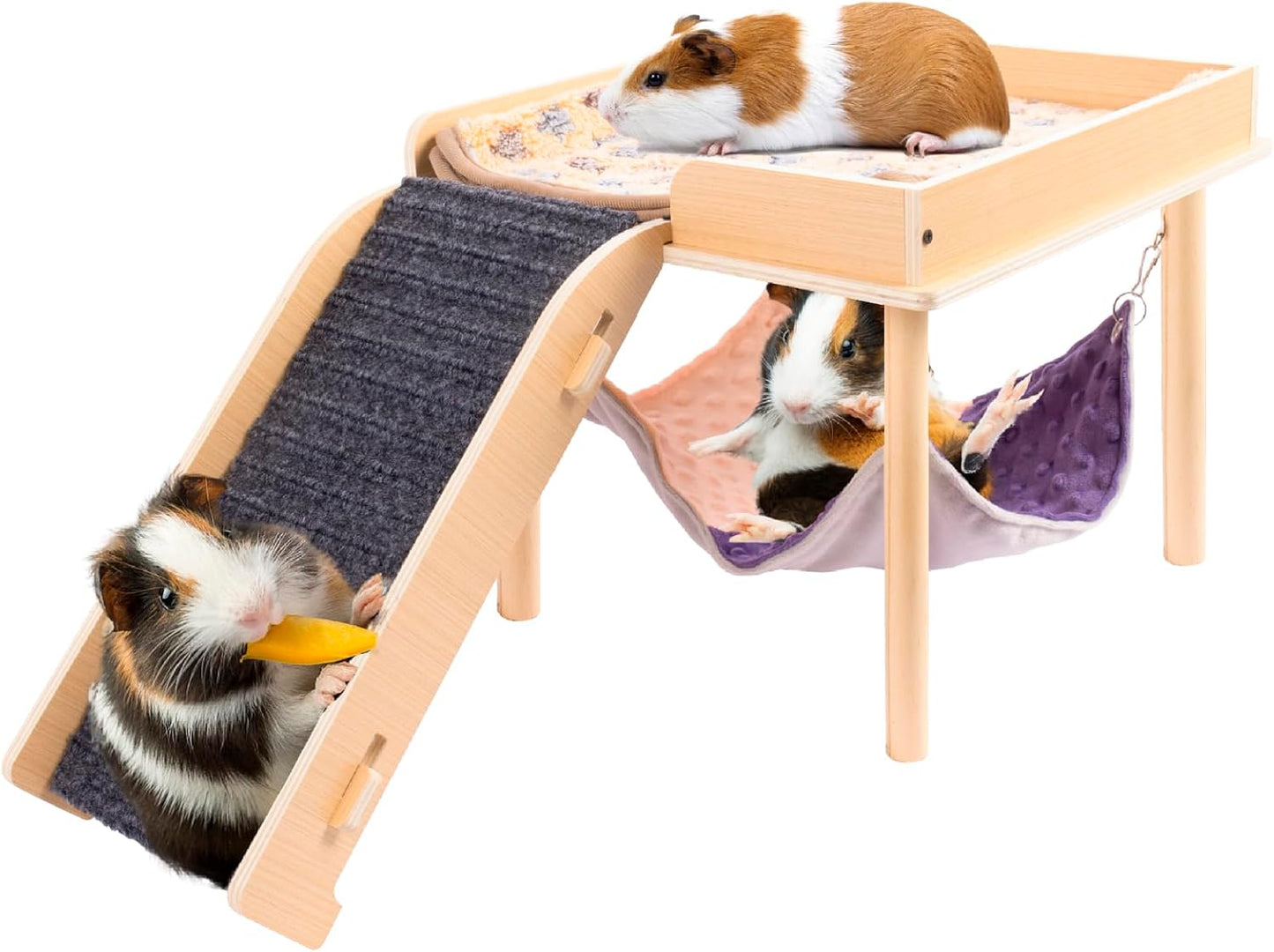 Besnew wooden guinea pig hammock with platform and stairs front view