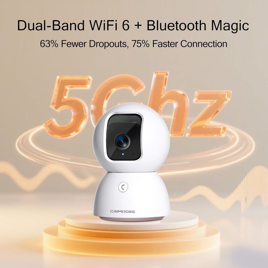 Cinmoore 3K WiFi security camera showing 360 degree rotation