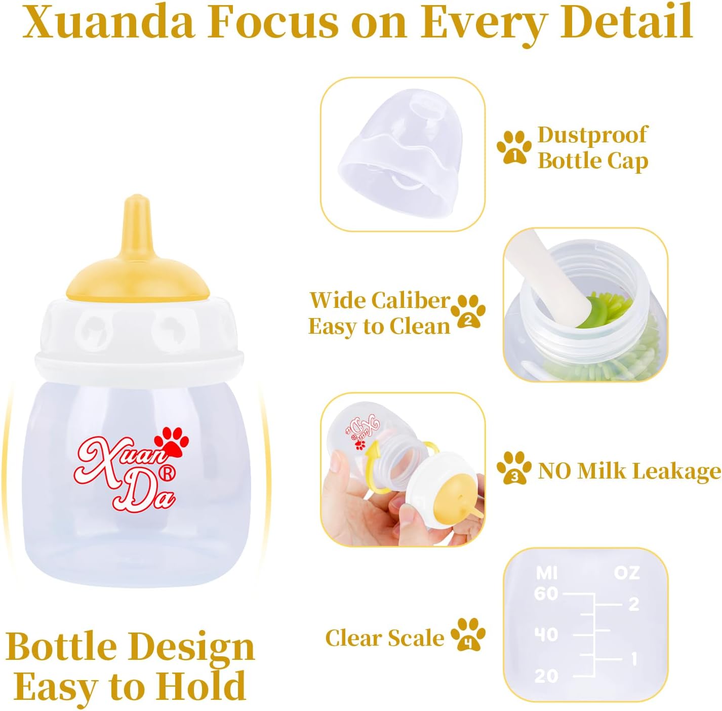 Xuanda pet feeding bottle kit displayed with all components including dust protection caps.
