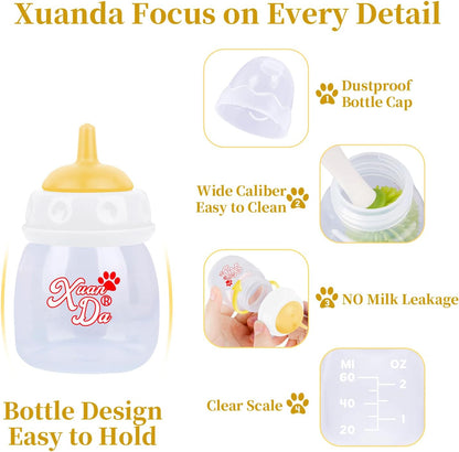 Xuanda pet feeding bottle kit displayed with all components including dust protection caps.