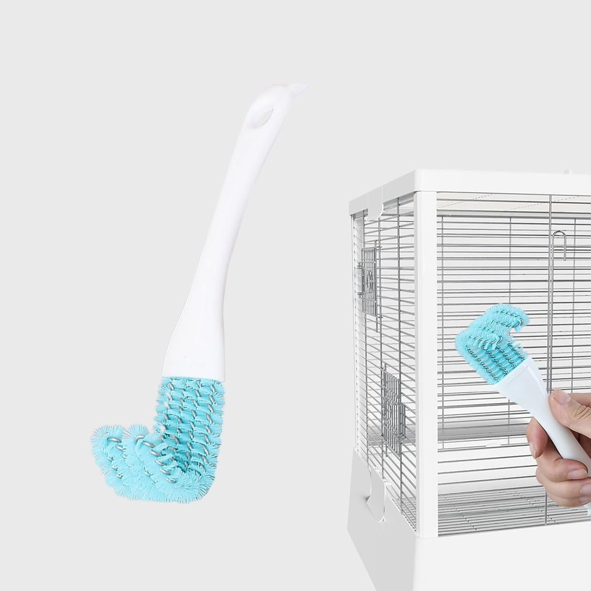 YOOSO WING stainless steel bird cage cleaner blue front view showing dual brush head and scraper