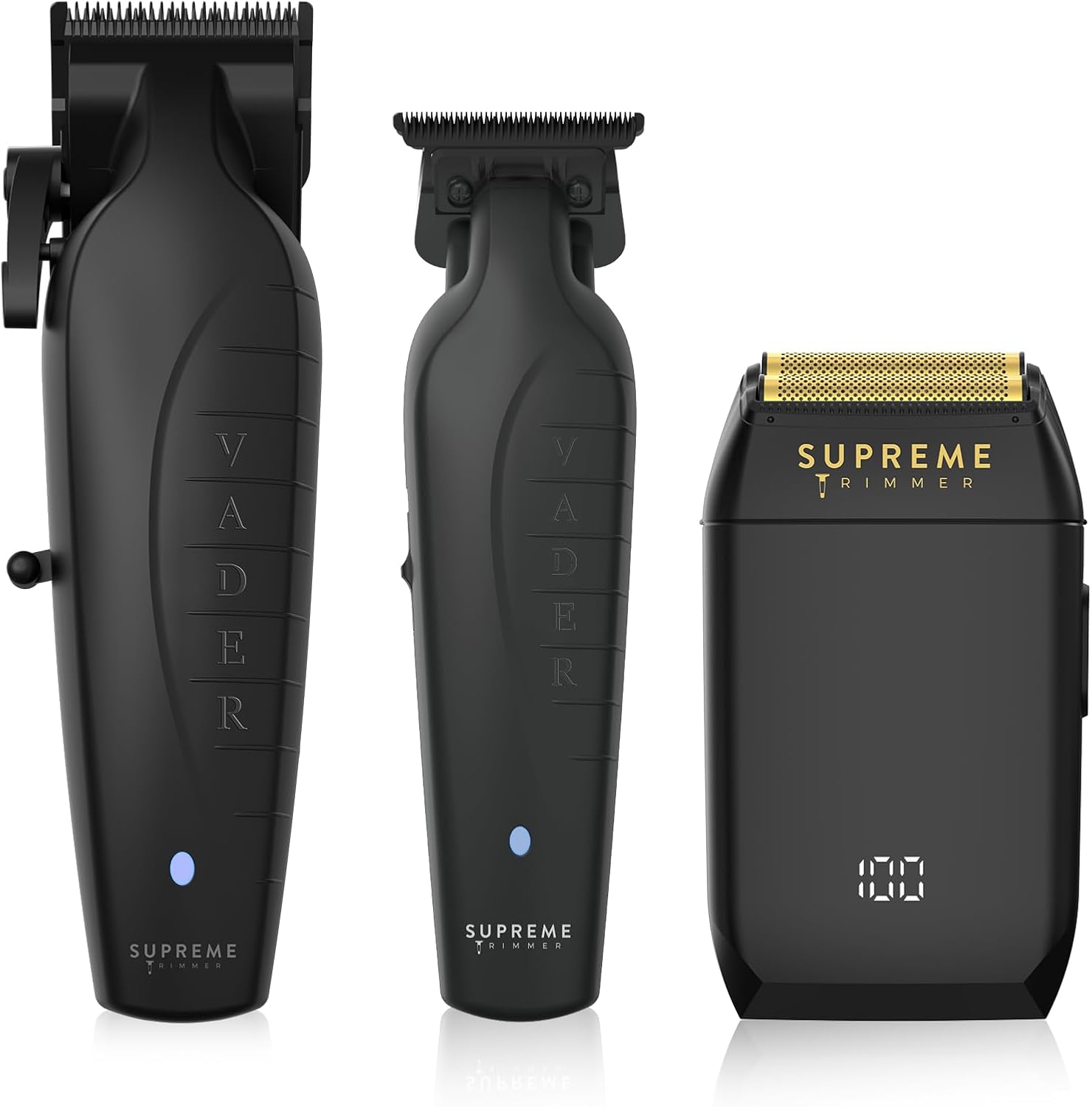 Supreme Trimmer Vader 3 in 1 set front view showcasing the black clipper, trimmer, and foil shaver.