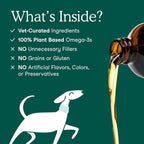 Vegan pet supplement ingredients label showing organic hemp seed and flaxseed oil.