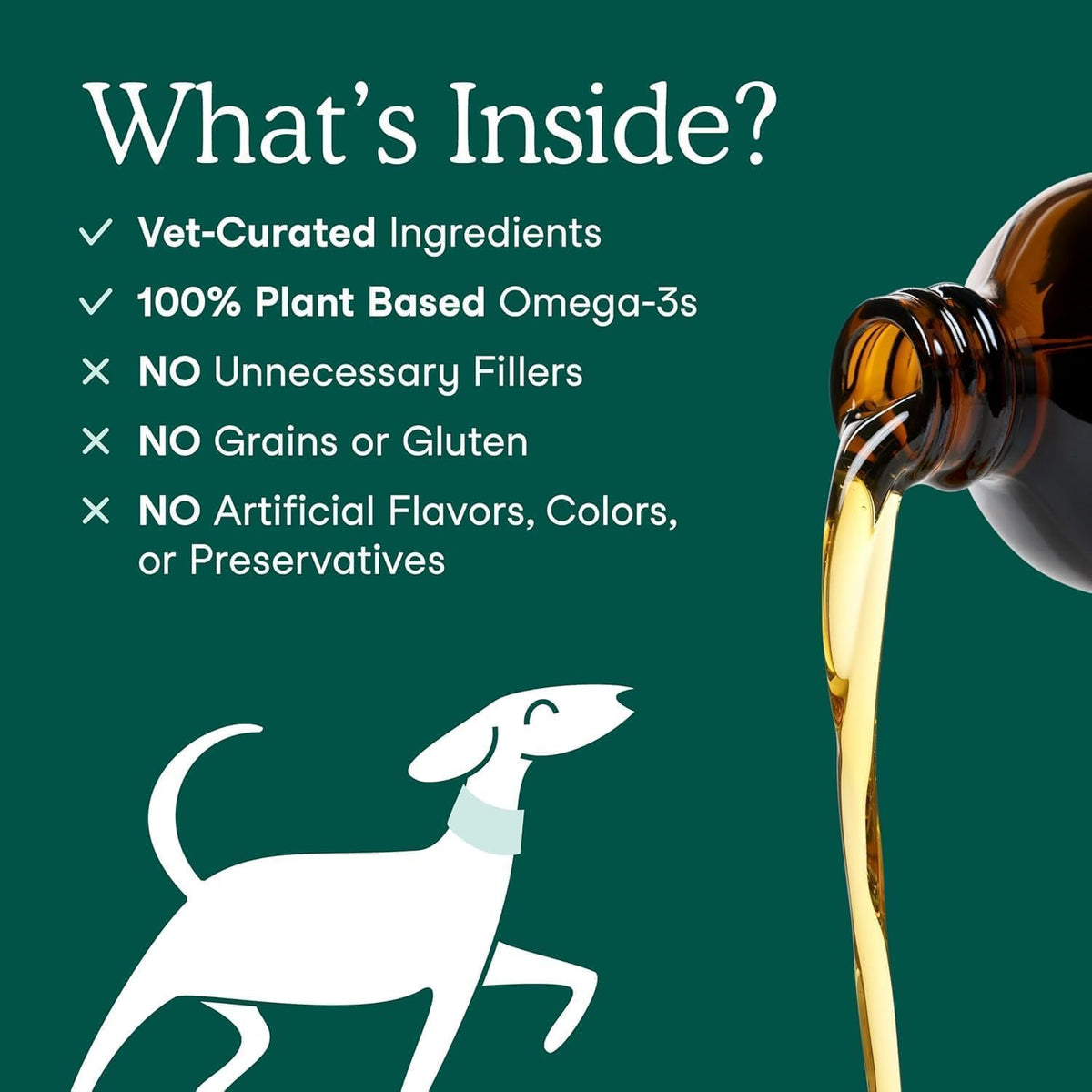 Vegan pet supplement ingredients label showing organic hemp seed and flaxseed oil.