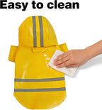 Back view of yellow medium sized pet apparel for rainy day outdoor safety.