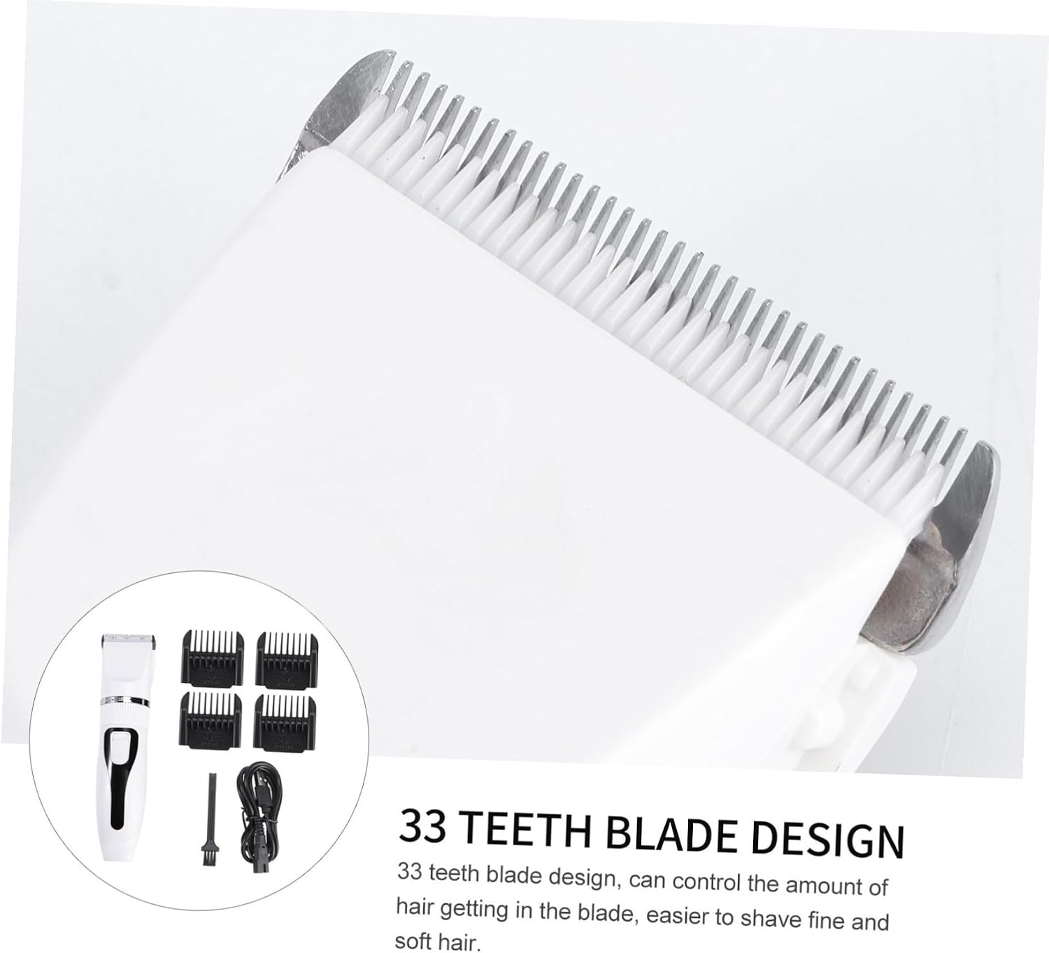 Low noise electric dog clipper set showing four guide comb attachments and USB charging cable