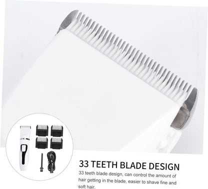 Low noise electric dog clipper set showing four guide comb attachments and USB charging cable