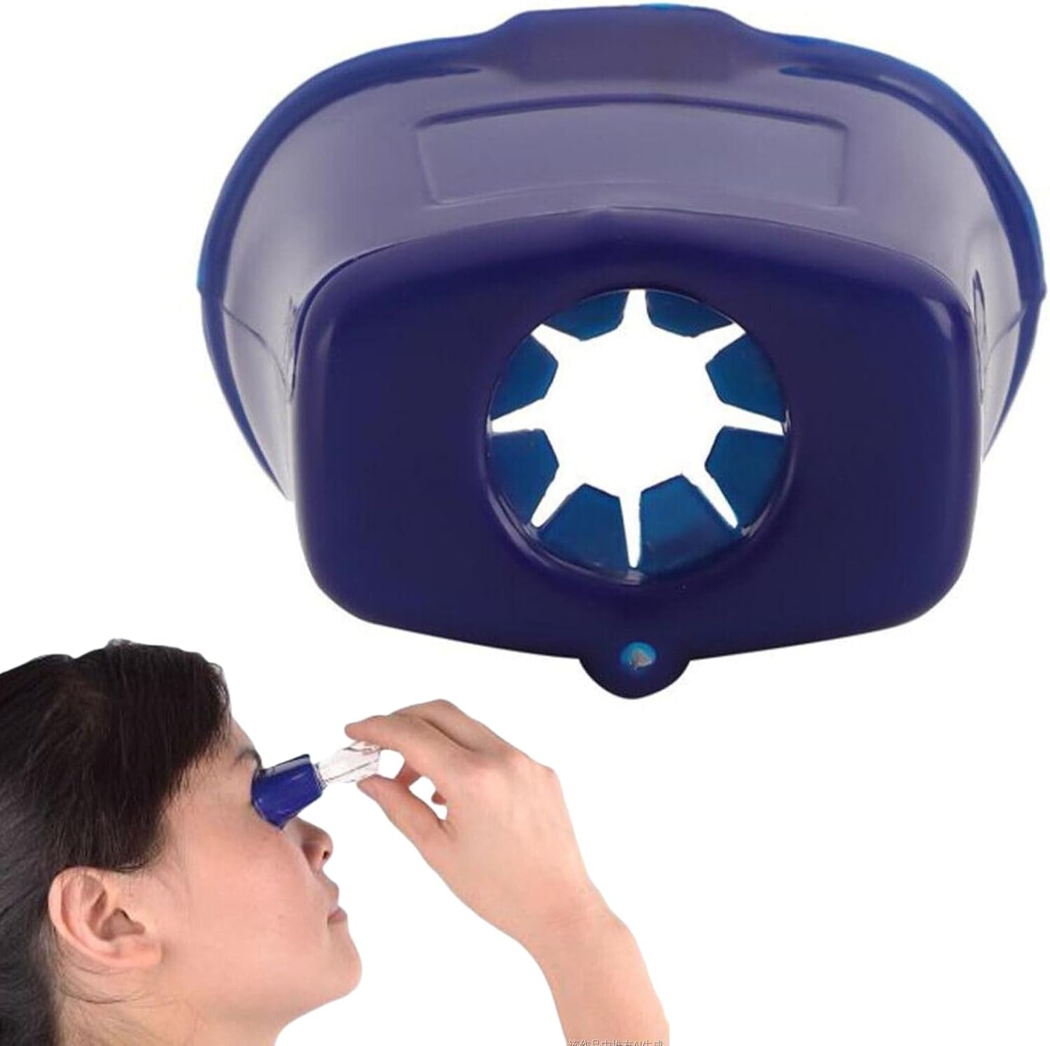 Jimfoty eye drop guide dispenser front view in blue plastic showing the universal bottle adapter slot.