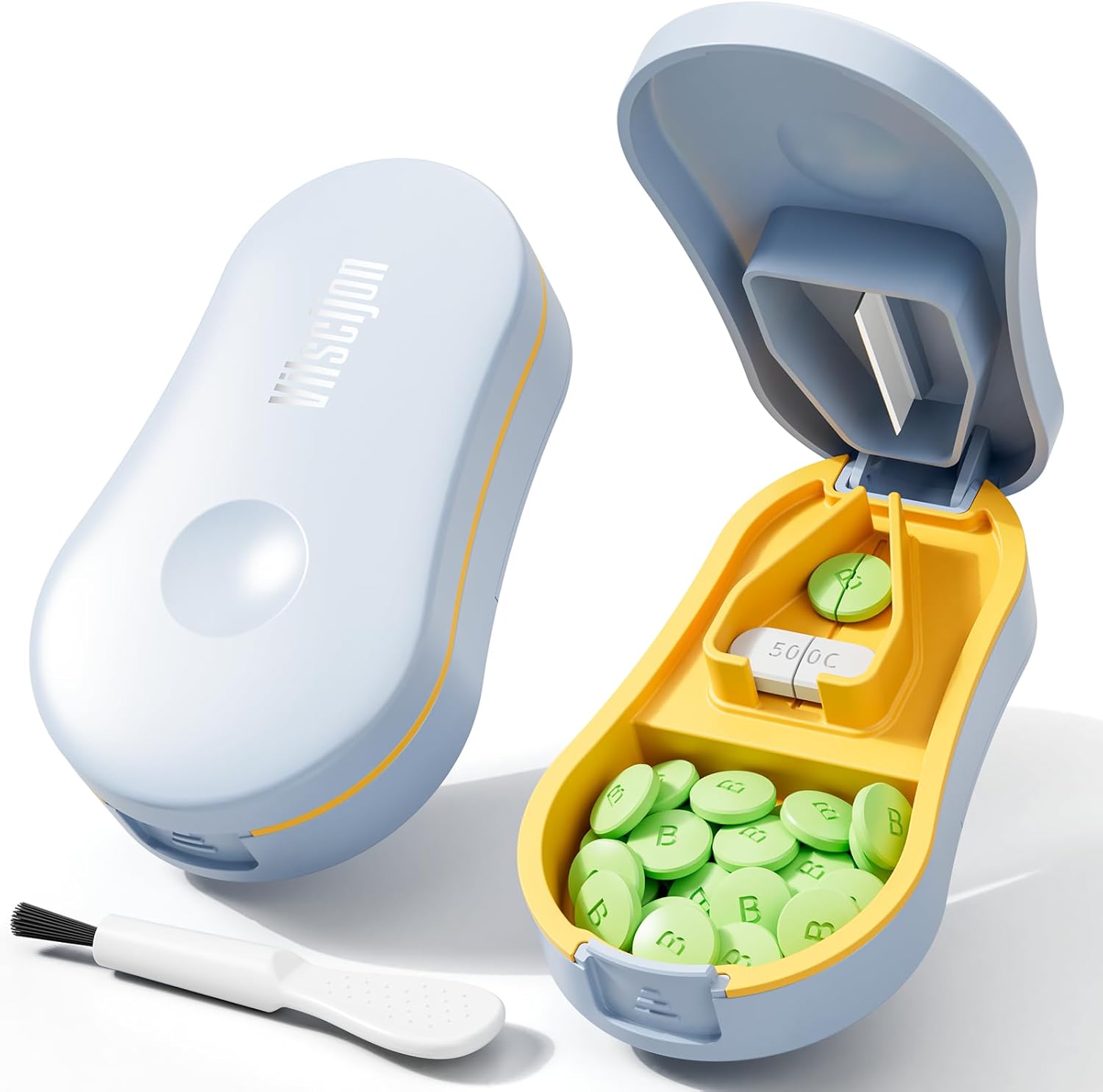 GAONLY pill cutter for small pills front view showing the blue avocado shaped exterior design.