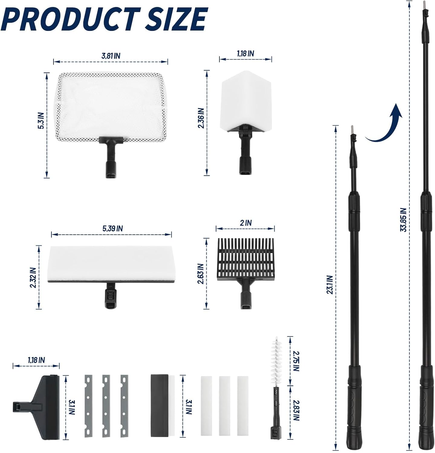 Telescopic long handle fish tank scraper extending from 23 to 34 inches for deep tank maintenance