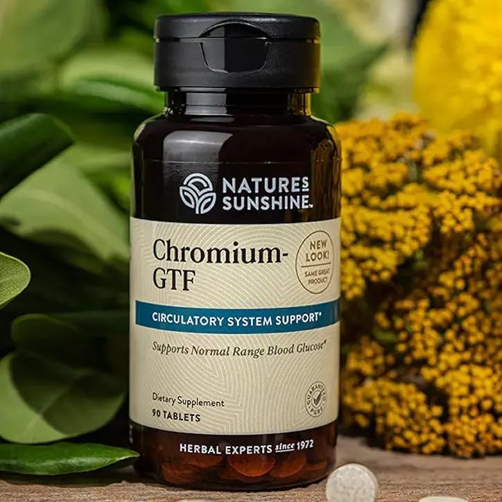 Nature's Sunshine Chromium GTF 90 tablets packaging displaying vascular health benefits