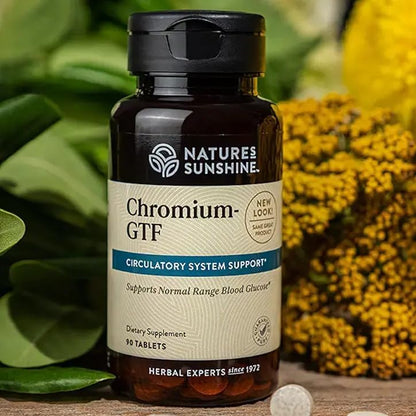 Nature's Sunshine Chromium GTF 90 tablets packaging displaying vascular health benefits