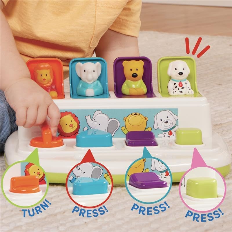 Side angle of the portable baby pop up toy highlighting the easy carry handle