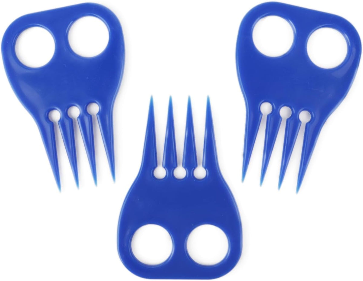Blue plastic braiding tools for horses with finger holes