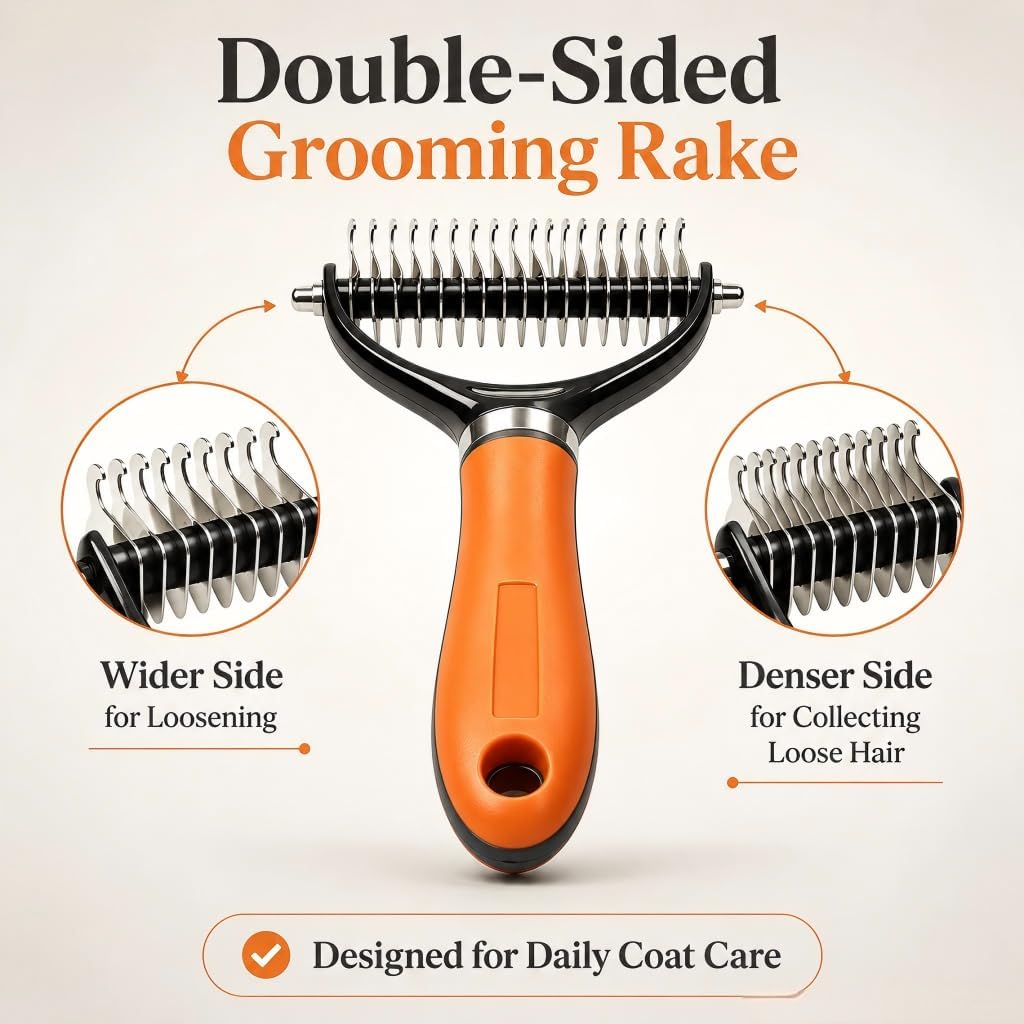 Close up of stainless steel teeth on professional pet rake