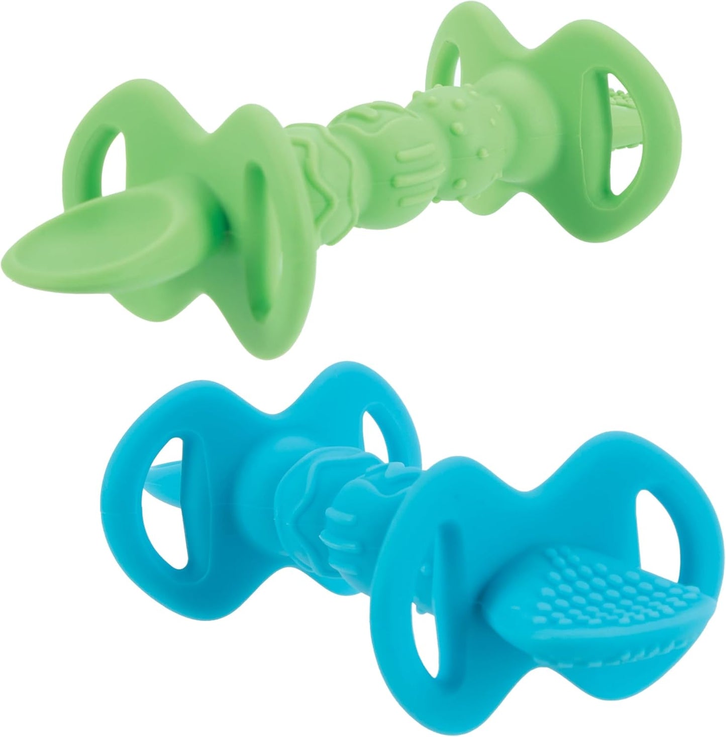 Nuby Dipeez Two in One Silicone Baby Spoons and Dipper pack front view showing blue and green utensils