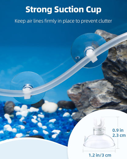 Four clear plastic aquarium check valves and air stones close up