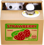 HmiL-U Cat Stealing Money Bank front view showing the strawberry pattern box.