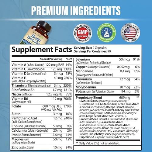 Nature's Branch nootropic supplement packaging displaying the comprehensive facts and ingredients list for memory support.