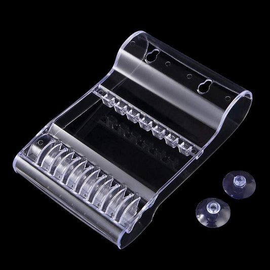 Mollensiuer transparent plastic salon scissors holder front view showcasing clear acrylic multi-slot shear organizer