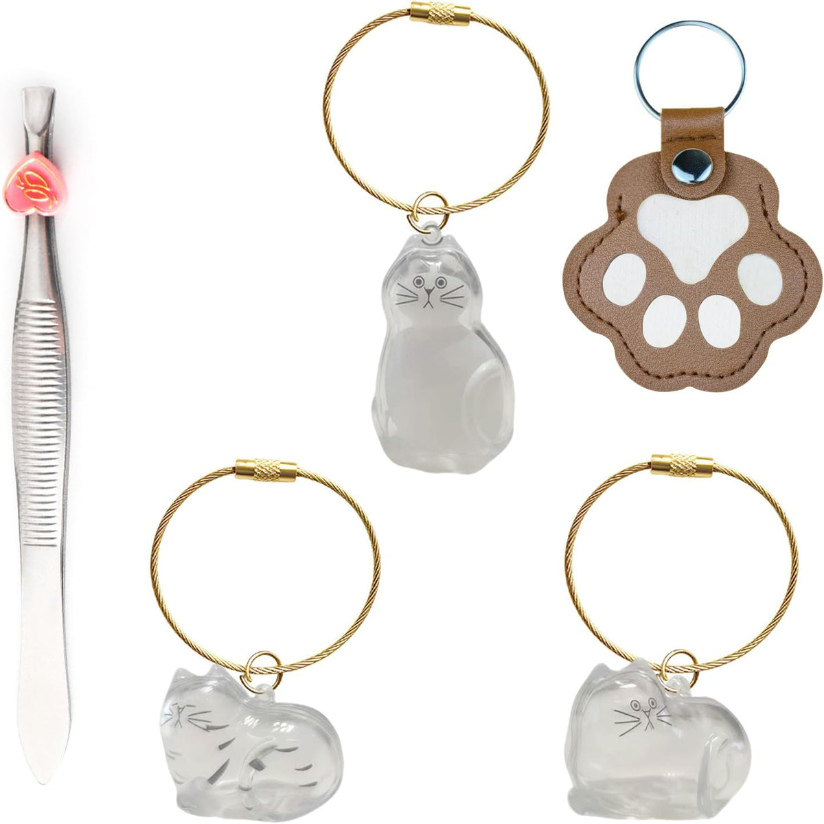 JYMLWWR 4 piece cat hair keychain front view showing transparent acrylic cat shaped lockets on a white background.