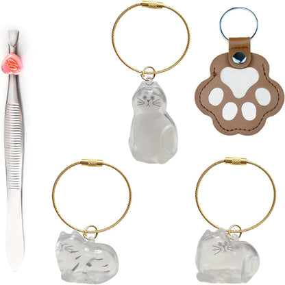 JYMLWWR 4 piece cat hair keychain front view showing transparent acrylic cat shaped lockets on a white background.