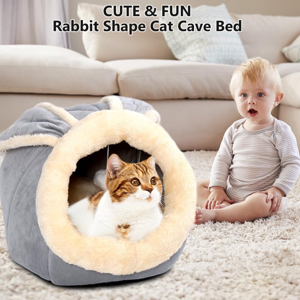 Lcybem rabbit-shaped cat bed with hanging toy detail