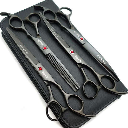 Kingstar titanium professional dog grooming scissors set front view featuring four bright black shears