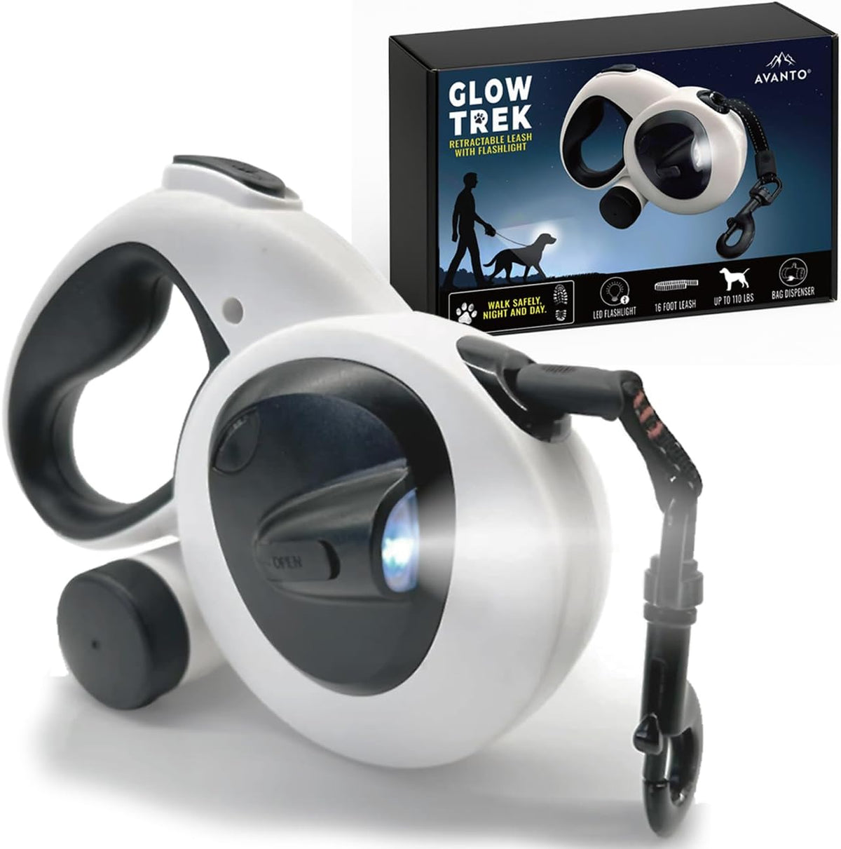 Avanto Lifestyle retractable dog leash front view with LED light