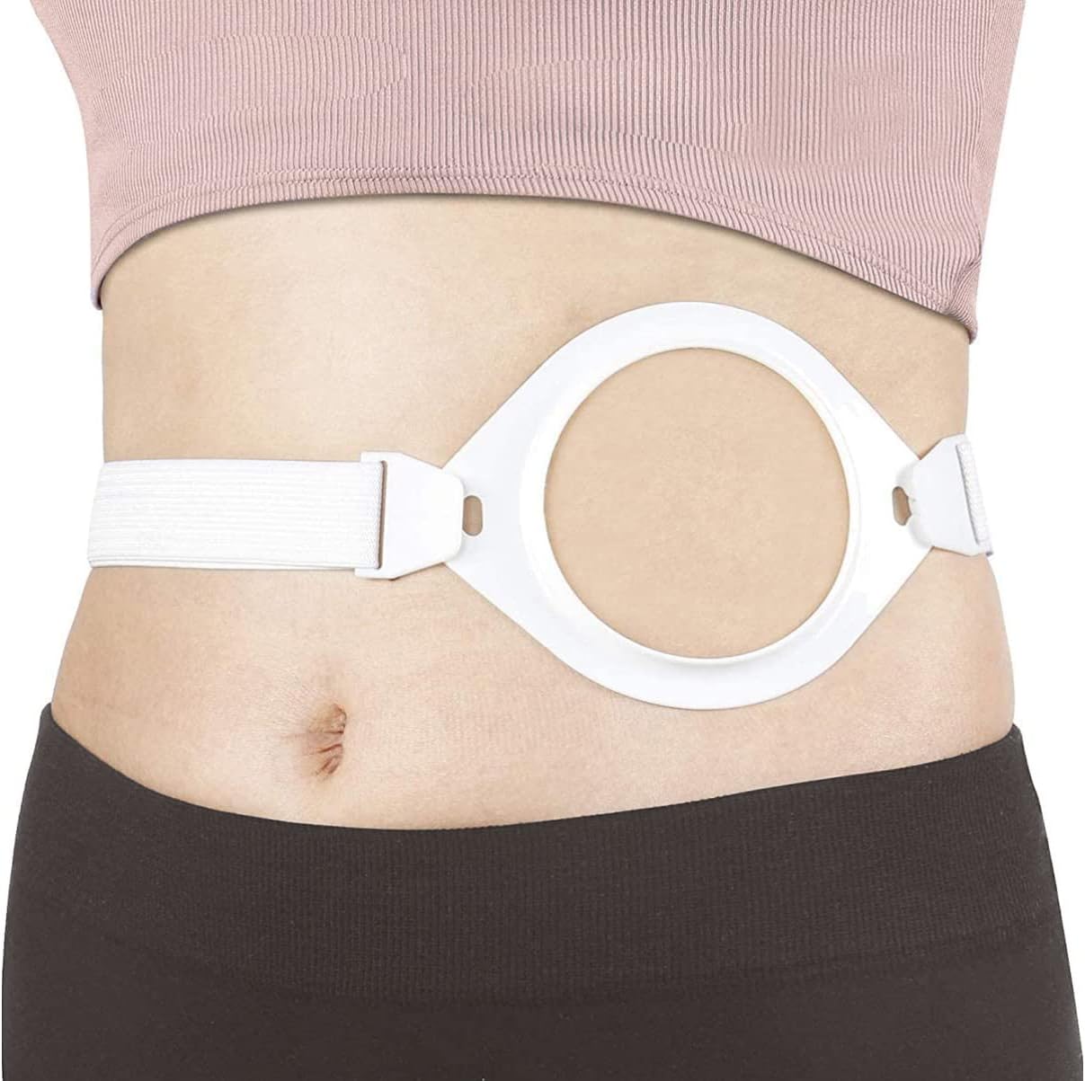 MUYU adjustable ostomy hernia support belt front view highlighting the secure stoma bag fixation ring