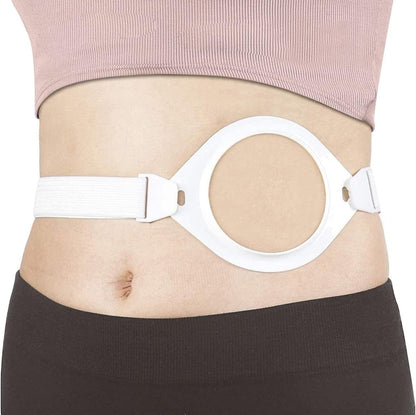 MUYU adjustable ostomy hernia support belt front view highlighting the secure stoma bag fixation ring