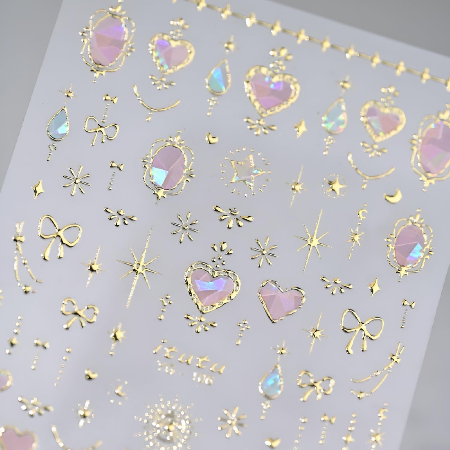 Valentine Nail Art Stickers 5D Embossed Pink Heart Nail Stickers for Nail Art Gold Moon Star Bow Nail Decals Valentine's Day Nails Design Aurora Heart Nails Supplies for Women Girls - Image 1