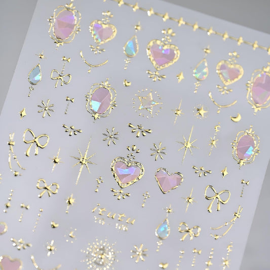 Valentine Nail Art Stickers 5D Embossed Pink Heart Nail Stickers for Nail Art Gold Moon Star Bow Nail Decals Valentine's Day Nails Design Aurora Heart Nails Supplies for Women Girls - Image 1