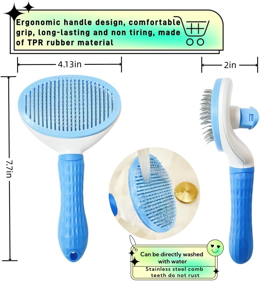 JRKOETY pet grooming tool close up on the blue textured anti slip ergonomic handle