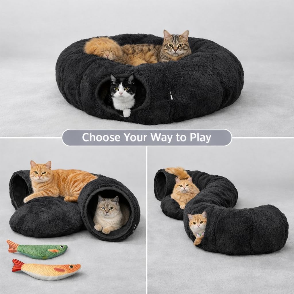 Adult domestic cat resting comfortably inside the secure covered circular tunnel hideaway