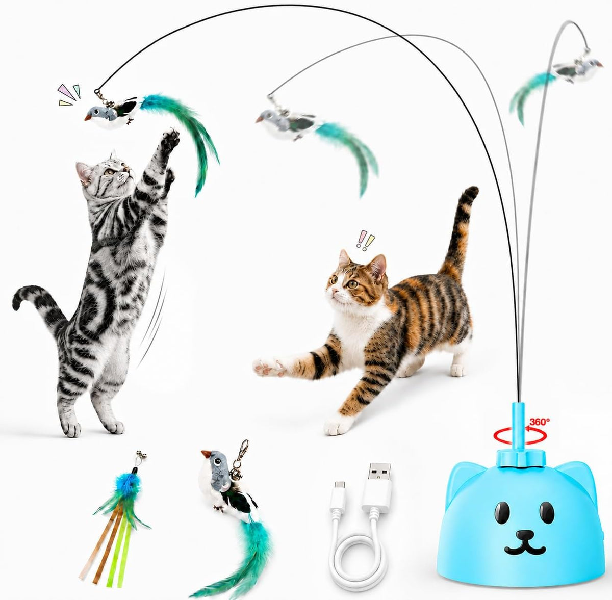 Interactive Cat Toys for Indoor Cats, Automatic Flying Bird Cat Toy with 360 degrees Feather Wand, Strong 8cm Suction Cup, USB Rechargeable Self-Play Cat Toy for Bored Kittens & Adult Cats - Image 11